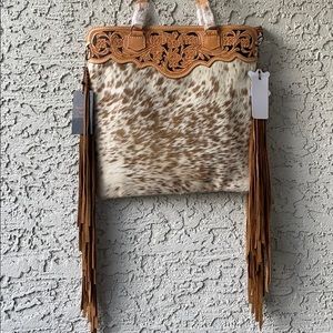 Tooled-leathered Palomino cowhide tote purse
